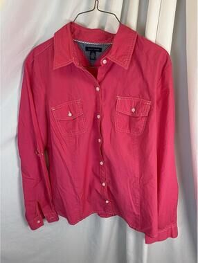 Tommy Hilfiger Womens Hot Pink Roll-Tab Cotton Button Up Shirt Size XL Contrast